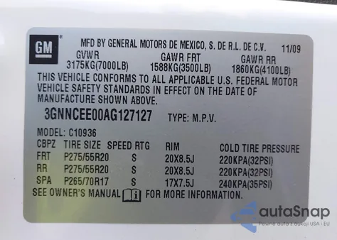 2010 Chevrolet Avalanche 1500 Ls z USA, uszkodzony, nr VIN 3GNNCEE00AG127127